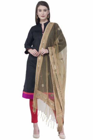 A R SILK Dark Golden Color Orgenza Flower Mirror Dupattas & Chunnis