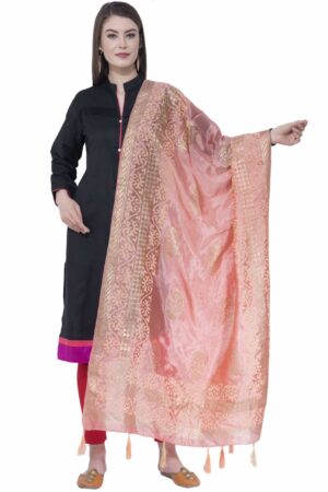 A R SILK Peach Color Silk Pahadi Print Dupattas & Chunnis