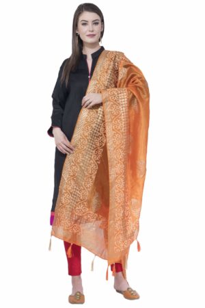 A R SILK Orange Color Silk Pahadi Print Dupattas & Chunnis