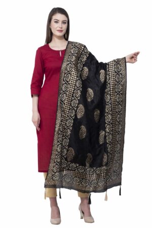 A R Silk Women’s Gold Print Silk Black Dupattas & Chunnis