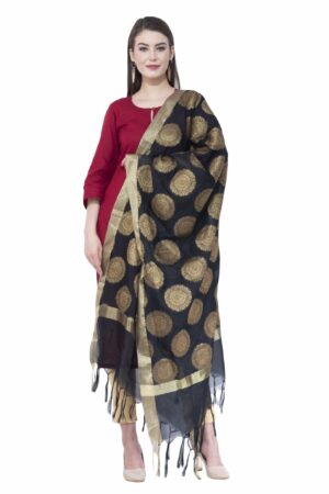 A R Silk Women’s Zari Embroidery Vanarsi Silk Black Dupattas & Chunnis