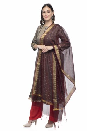 A R Silk Women’s Chanderi Zari Embroidery Wine Regular Dupatta