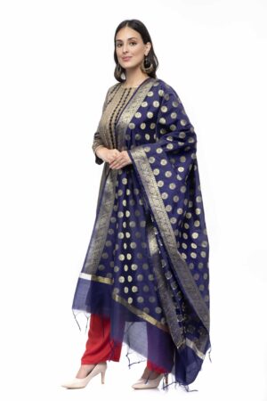 A R Silk Women’s Chanderi Zari Embroidery Navy Blue Silk Cotton Dupatta