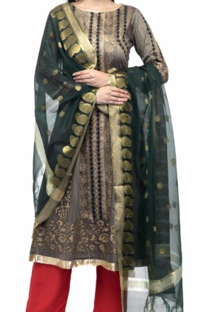 A R Silk Women’s Chanderi Zari Embroidery Bottle Green Fancy Dupatta