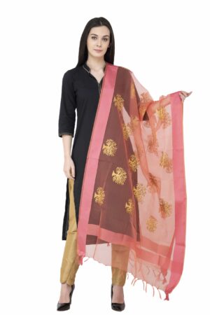 A R SILK TISSUE ZARI Embordary Golden Zari Embordary PEACH Color Dupatta/Chunni