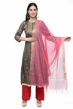 A R Silk Women’s Chanderi Zari Embroidery Gajari Regular Dupatta