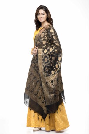 A R Silk Women’s Chanderi Zari Embroidery Black Fancy Dupatta