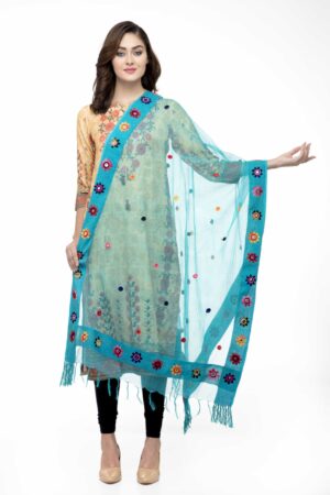 A R Silk Women’s Orgenza Cotton Thread Work Rama Green Fancy Dupatta