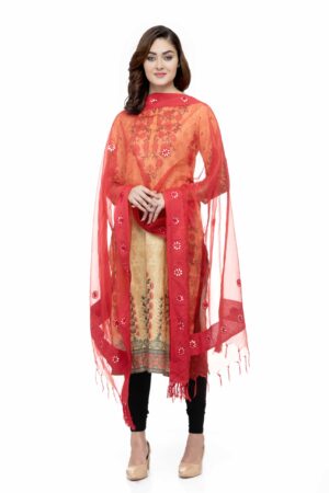 A R Silk Women’s Orgenza Cotton Gota Work Red Fancy Dupatta