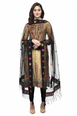 A R Silk Women’s Orgenza Cotton Thread Work Black Fancy Dupatta