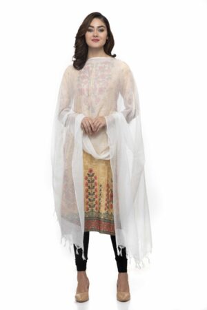 A R Silk Women’s Cotton Self Check White Regular Dupatta