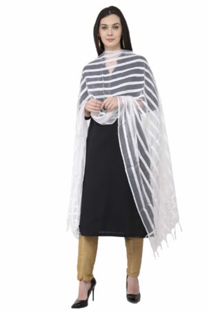 A R SILK Moti Luv Luv Stripe Regular White Color Dupatta/Chunni