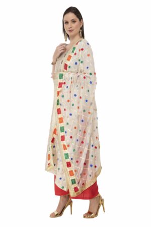 A R Silk Women’s Chiffon Thread Work Off White Fancy Dupatta