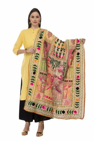 A R Silk Women’s Chanderi Thread Work Golden Fancy Dupatta