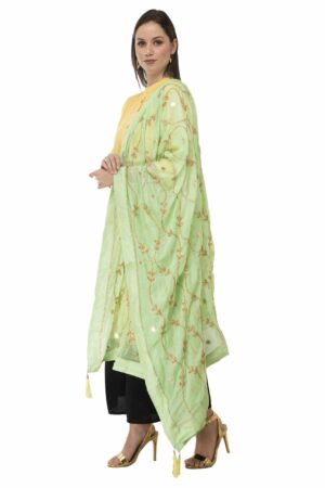 A R Silk Women’s Tapeta Silk Resham Zari Embroidery Pista Green Fancy Dupatta