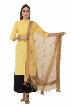 A R Silk Women’s Oregenza Cotton Nug Work With Embroidery Golden Fancy Dupatta