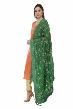 A R Silk Women’s Tapeta Silk Resham Zari Embroidery Green Fancy Dupatta