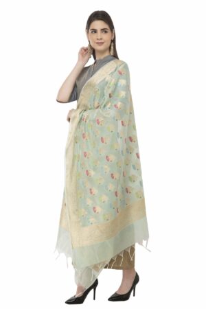 A R Silk Women’s Chanderi Zari Multi Embroidery Pista Green Regular Dupatta