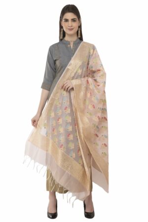 A R Silk Women’s Chanderi Zari Multi Embroidery Peach Regular Dupatta