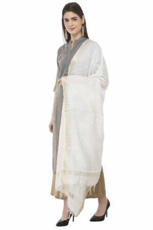 A R Silk Women’s Cotton Zari Border White Regular Dupatta