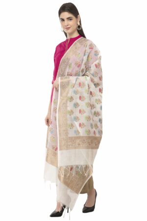 A R Silk Women’s Chanderi Zari Multi Embroidery White Regular Dupatta