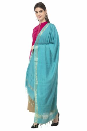 A R Silk Women’s Cotton Zari Border Rama Green Regular Dupatta