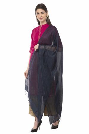 A R Silk Women’s Cotton Self Check Navy Blue Regular Dupatta