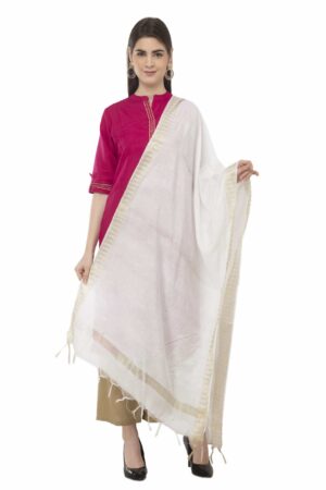 A R Silk Women’s Cotton Zari Border White Regular Dupatta