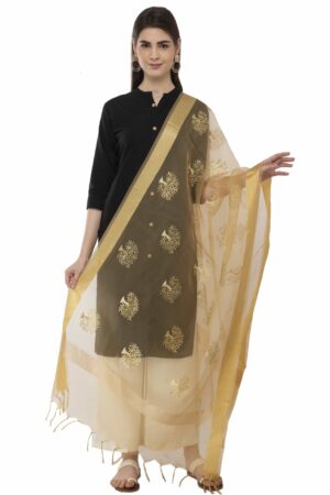 A R Silk Women’s Tissue Zari Embroidery Golden Regular Dupatta