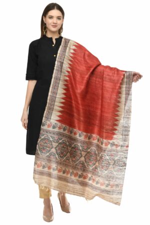 A R Silk Women’s Ghicha Silk Golden & Maroon Handprint Dupatta # Fancy Dupatta