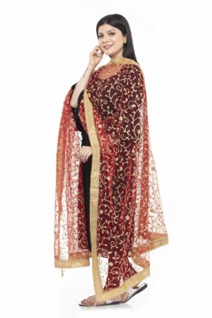 A R SILK Women’s Net Red Embroidery Work Dupatta # Bridle Dupatta