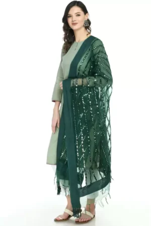 A R SILK Women’s Orgenza Cotton Bottle Green Mirror Stripe Work Dupatta # Regular Dupatta