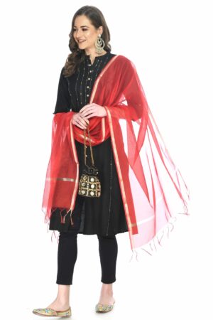 A R SILK Women’s Golden Border Red Colour  Chanderi Cotton Regular Dupattas/Chunnis