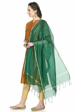 A R SILK Women’s Golden Border Rama Green Colour  Chanderi Cotton Regular Dupattas/Chunnis