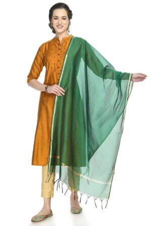 A R SILK Women’s Golden Border Rama Green Colour  Chanderi Cotton Regular Dupattas/Chunnis