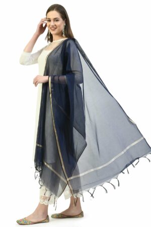 A R SILK Women’s Golden Border Blue Colour  Chanderi Cotton Regular Dupattas/Chunnis