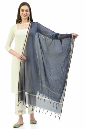 A R SILK Women’s Golden Border Blue Colour  Chanderi Cotton Regular Dupattas/Chunnis