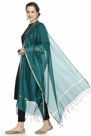 A R SILK Women’s Golden Border Rama Green Colour  Chanderi Cotton Regular Dupattas/Chunnis