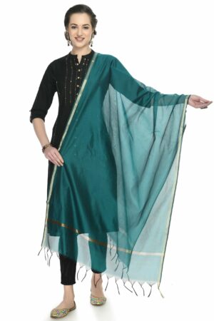 A R SILK Women’s Golden Border Rama Green Colour  Chanderi Cotton Regular Dupattas/Chunnis