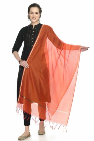 A R SILK Women’s Golden Border Orange Colour  Chanderi Cotton Regular Dupattas/Chunnis