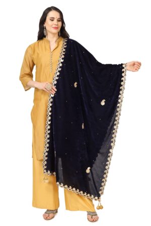 A R Silk Women’s Blue Velvet Chandana & Gotta Patti Work With Gotta Patti Lace Fancy Dupatta