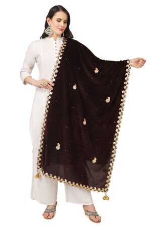 A R Silk Women’s Brown Velvet Chandana & Gotta Patti Work With Gotta Patti Lace Fancy Dupatta