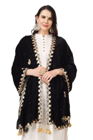 A R Silk Women’s Black Velvet Chandana & Gotta Patti Work With Gotta Patti Lace Fancy Dupatta