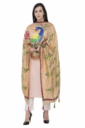 A R SILK Silk Peacock Multi Fancy Dupatta Color Golden Dupatta/Chunni