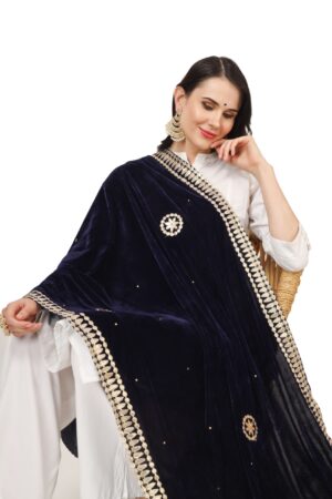 A R Silk Women’s Blue Velvet Chandana & Gotta Patti Work With Gotta Patti Lace Fancy Dupatta