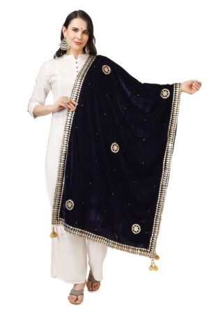 A R Silk Women’s Blue Velvet Chandana & Gotta Patti Work With Gotta Patti Lace Fancy Dupatta