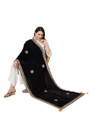 A R Silk Women’s Black Velvet Chandana & Gotta Patti Work With Gotta Patti Lace Fancy Dupatta