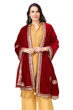 A R Silk Women’s Maroon Velvet Chandana & Gotta Patti Work With Gotta Patti Lace Fancy Dupatta