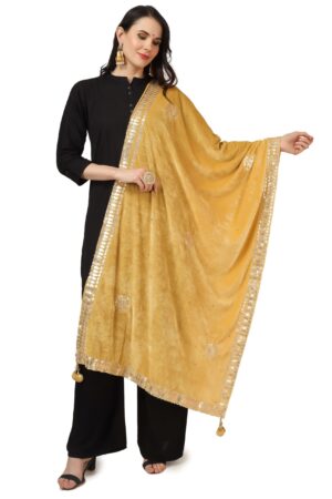 A R Silk Women’s Yellow Velvet Chandana & Gotta Patti Work With Gotta Patti Lace Fancy Dupatta