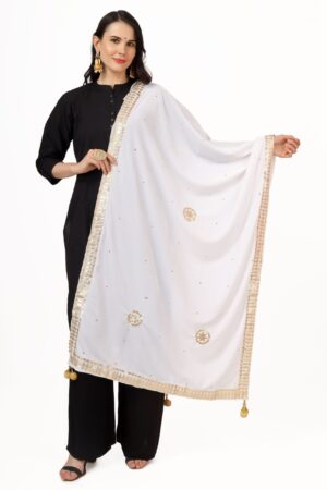 A R Silk Women’s White Velvet Chandana & Gotta Patti Work With Gotta Patti Lace Fancy Dupatta